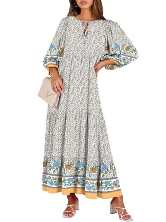 Dresses & Skirts - 🆕 Womens Boho Maxi Dresses Summer V Neck Puff Sleeve Floral Flowy Swing Fall